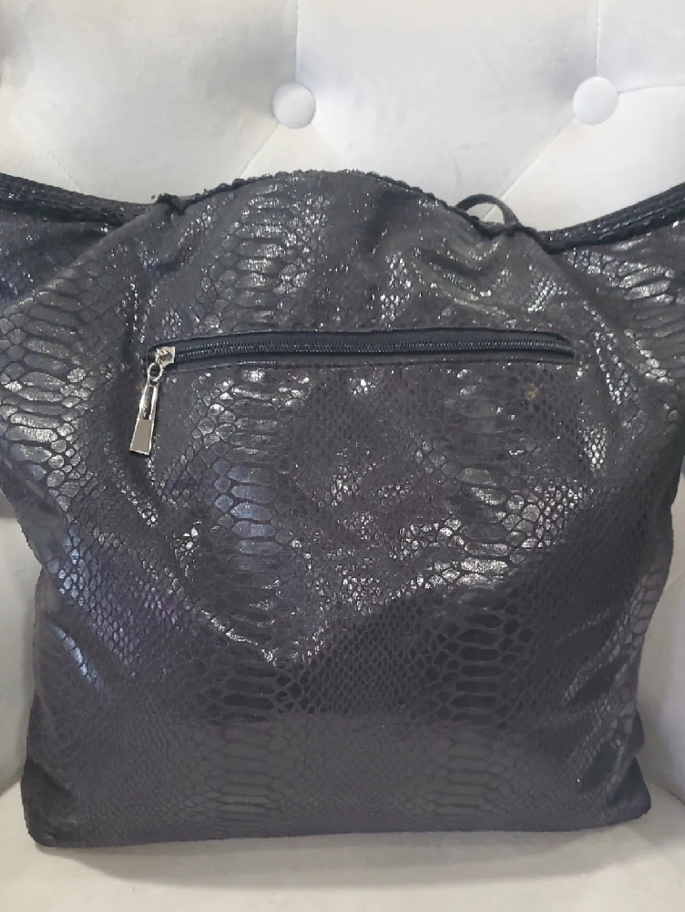 Cache Black Faux Snakeskin Tote with Long Shoulder Straps